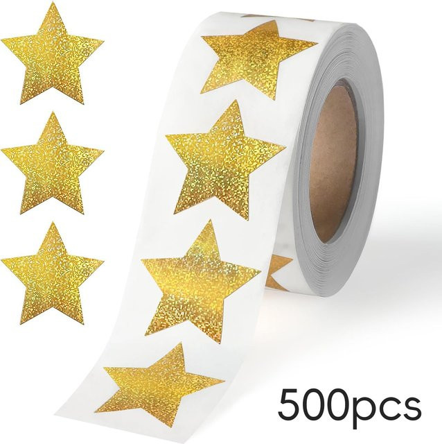 JCAC Holographische Feine Glitzer-Goldstern-Aufkleber in Rollenform für Geschenkdekoration und Briefumschlagversiegelung, 500 Stück pro Beutel, Farbe Gold - Bild 1