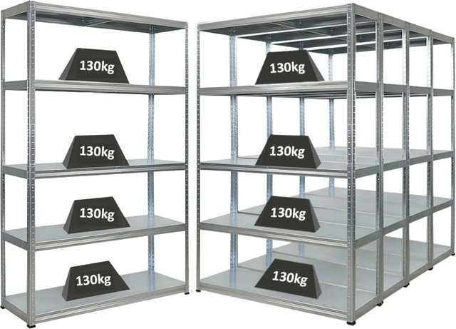 5er Set PROREGAL Schwerlastregal Steel Eagle aus verzinktem Stahl, Farbe Silber, H x B x T: 180 x 120 x 40 cm, Fachlast 130 kg pro Fach, verstellbare Regalböden - Bild 1