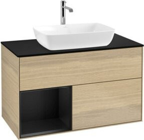 V&B Waschtischunterschrank Finion 100 in Blau matt mit Regal in Eiche lackiert, Breite: 100 cm, Höhe: 50,1 cm, Tiefe: 50,1 cm - Bild 1