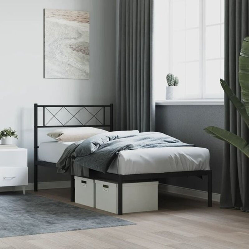Vidaxl Metallbett mit Kopfteil in Schwarz, Modernes Bettgestell aus Stahl, B/T/H: 90 x 190 cm - Bild 1