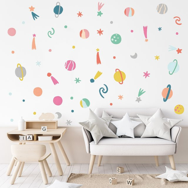 BRUP 3er-Set Cartoon Wandaufkleber mit Sternen und Planeten in Multicolour für Kinderzimmer und Wohnzimmer - Bild 1