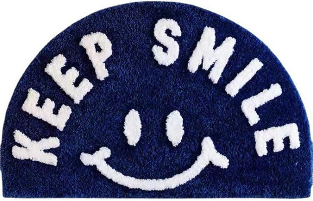 Weiche halbrunde Smiley Gesicht Fußmatte aus Imitations-Kaschmir in Blau, rutschfest und feuchtigkeitsableitend, B/T: 60 x 40 cm - Bild 1
