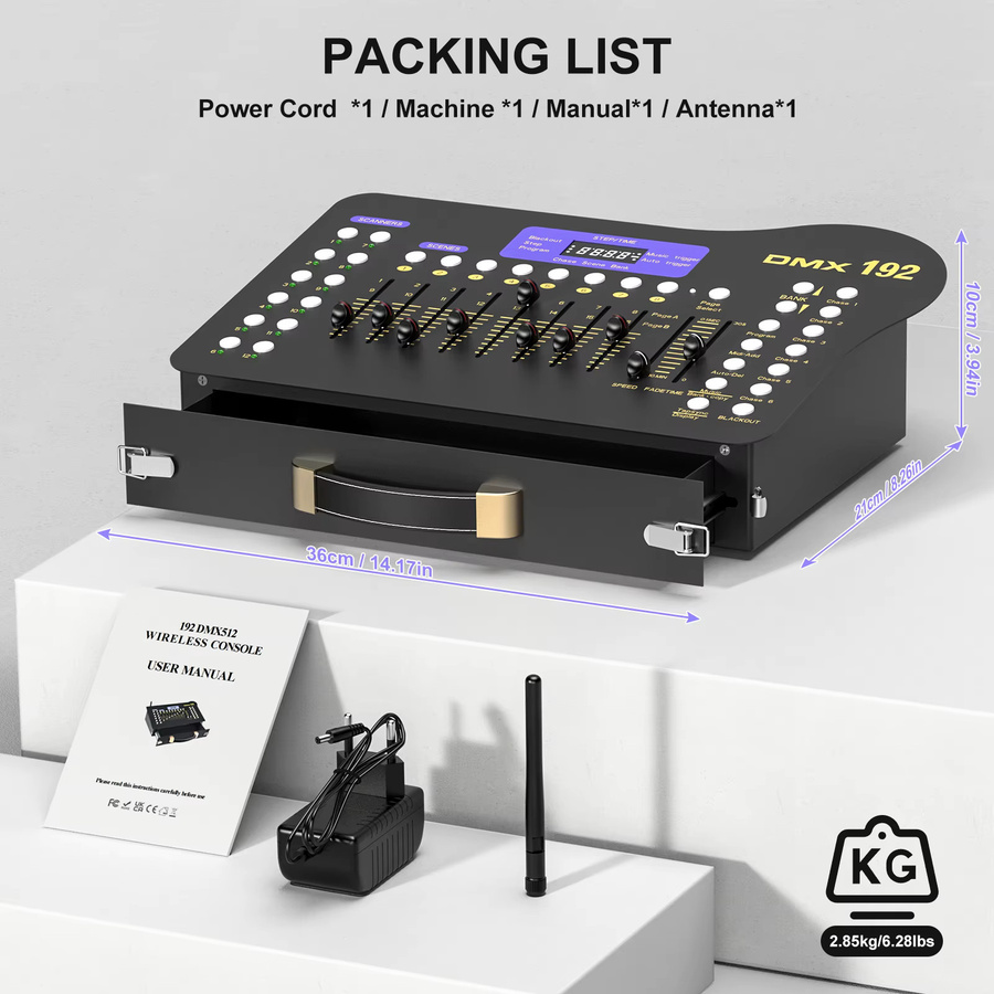 U'King 192 DMX-Kanal-Konsole Schwarz mit MIDI-Operator und kabelloser DMX512-Lichtsteuerung für DJ, KTV und Club, B/T/H: 36,0 x 21,0 x 10,0 cm - Bild 6