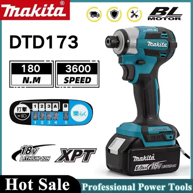 Makita Akku-Schlagschrauber DTD173 18V mit bürstenlosem Motor, 180 Nm Drehmoment und 1800 U/min für Holz, Bolzen und T-Modus - Bild 1