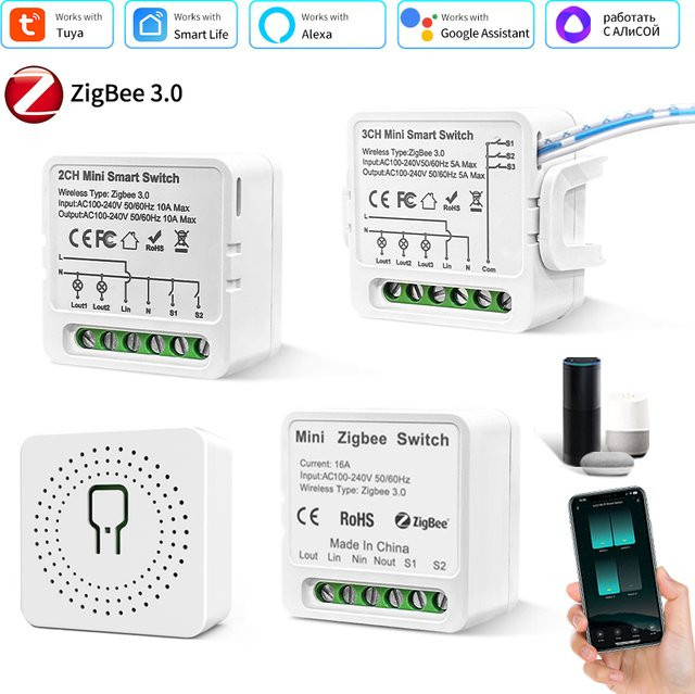 Tuya Smart ZigBee Schalter mit Smart Life App Fernbedienungsmodul, 1-2-3-Kanal ZigBee Relais-Schalter in Weiß, kompatibel mit Amazon Alexa und Google Assistant - Bild 1