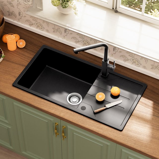 CECIPA max Küchenspülbecken aus Granit-Verbundwerkstoff in Schwarz, 1-Fach-Unterbau-Spüle mit Abtropffläche, B: 86 cm, T: 45 cm - Bild 1