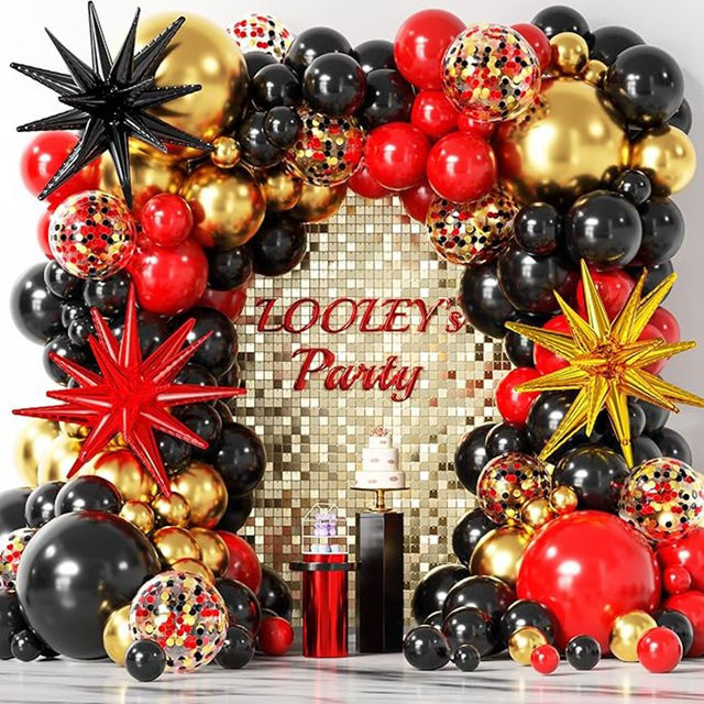 LQVYI 145-teiliges Ballon-Girlanden-Set mit Konfetti und Sternen in Rot, Schwarz und Gold für deine Party-Dekoration - Bild 1