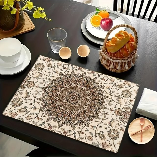 VIKAMA 4-teiliges Tischset-Set aus Leinen in Beige mit floralem Vintage-Muster, rechteckig und wasserabweisend - Bild 1