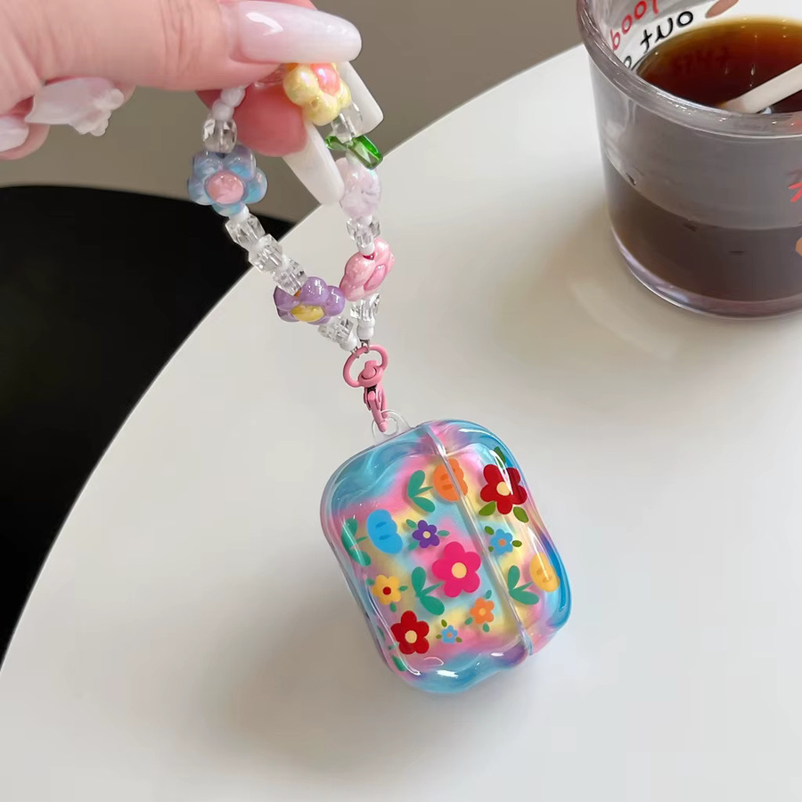 Apple AirPods Schutzhülle mit buntem Blumendruck und Perlenanhänger, Multicolor - Bild 2