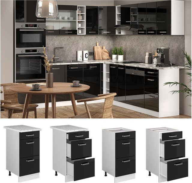 Vicco Küchenunterschrank R-Line mit Schubladen in Schwarz Hochglanz und Weiß mit Marmor Arbeitsplatte Breite: 40 cm - Bild 1
