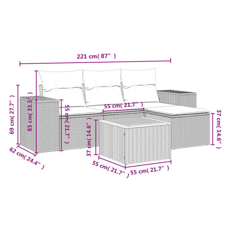Vidaxl Gartenmöbel-Set aus Polyrattan und Akazie mit Kissen, 5-teilig, Beige - Bild 2