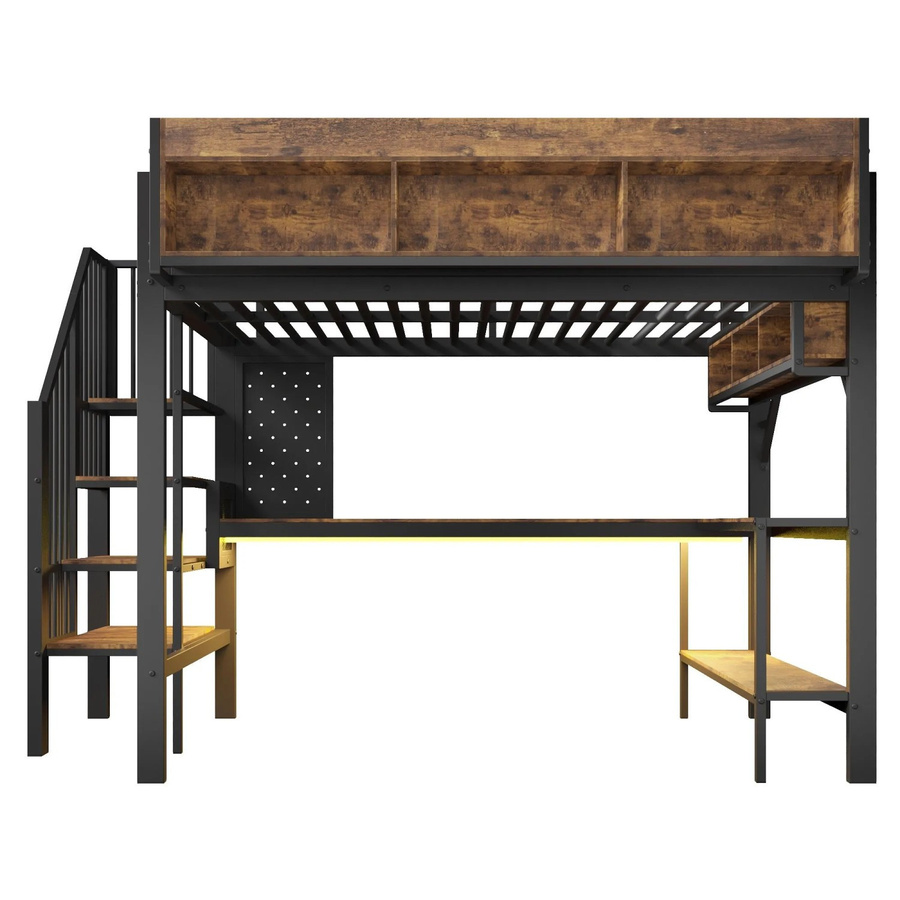 Merax Hochbett mit Schreibtisch und LED-Beleuchtung in Braun und Schwarz, B/T/H: 200 x 140 x 164 cm - Bild 2