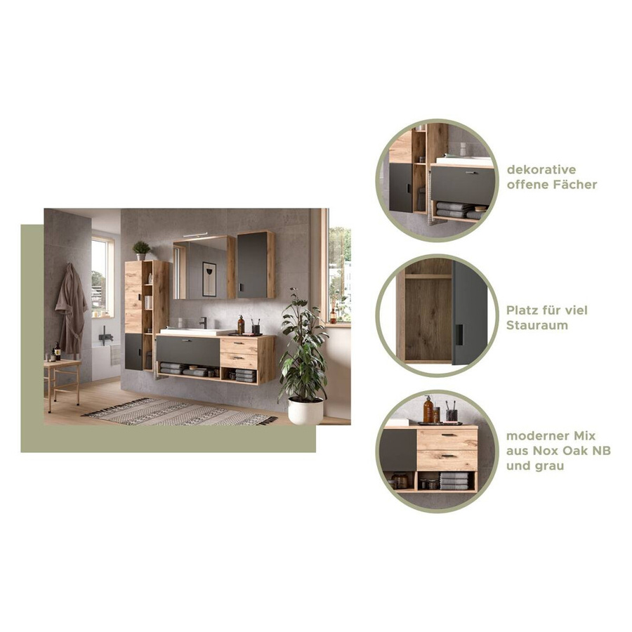Badezimmer-Set xonox.home GRADO in Eiche Nox Oak Nachbildung, 5-tlg. mit Waschbecken, Spiegelschrank, Midischrank und Hängeschrank, B/H/T: 203 x 192 x 48 cm - Bild 3