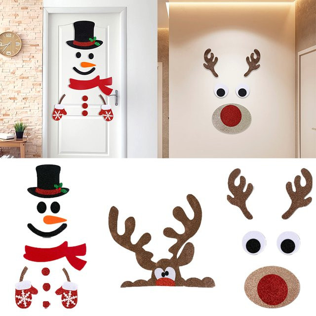 Weihnachts Fenster Aufkleber aus Filz von joy-enlife mit Elch, Schneemann und Santa Claus in Braun zur Dekoration für das neue Jahr 2025 - Bild 1