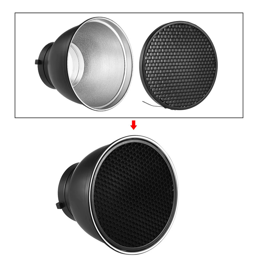 Andoer 7 Zoll Standard-Lampenschirm mit Reflektordiffusor und 60 Grad Wabengitter für Bowens Mount Studio Strobe Flash Light Speedlite in Schwarz - Bild 3
