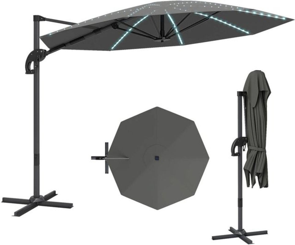 Outsunny Ampelschirm mit LED Solar und Kurbel, Aluminium und Fiberglas, Dunkelgrau, Durchmesser: 300 cm, B/H/L: 294 x 250 x 360 cm - Bild 3