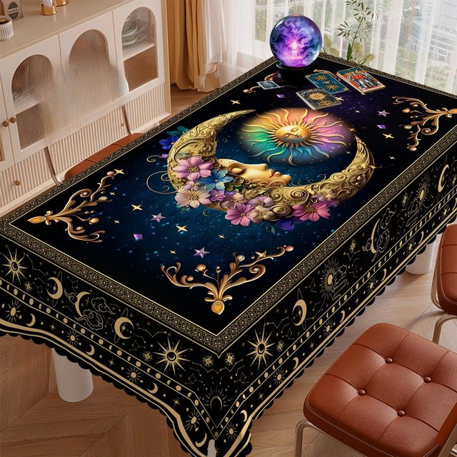 Rechteckige Tischdecke von JMG Household Supplies mit Mond, Frau, Sonne und floralem Tarot-Astrologie-Design, Schwarz, B/T: 160 x 100 cm - Bild 1