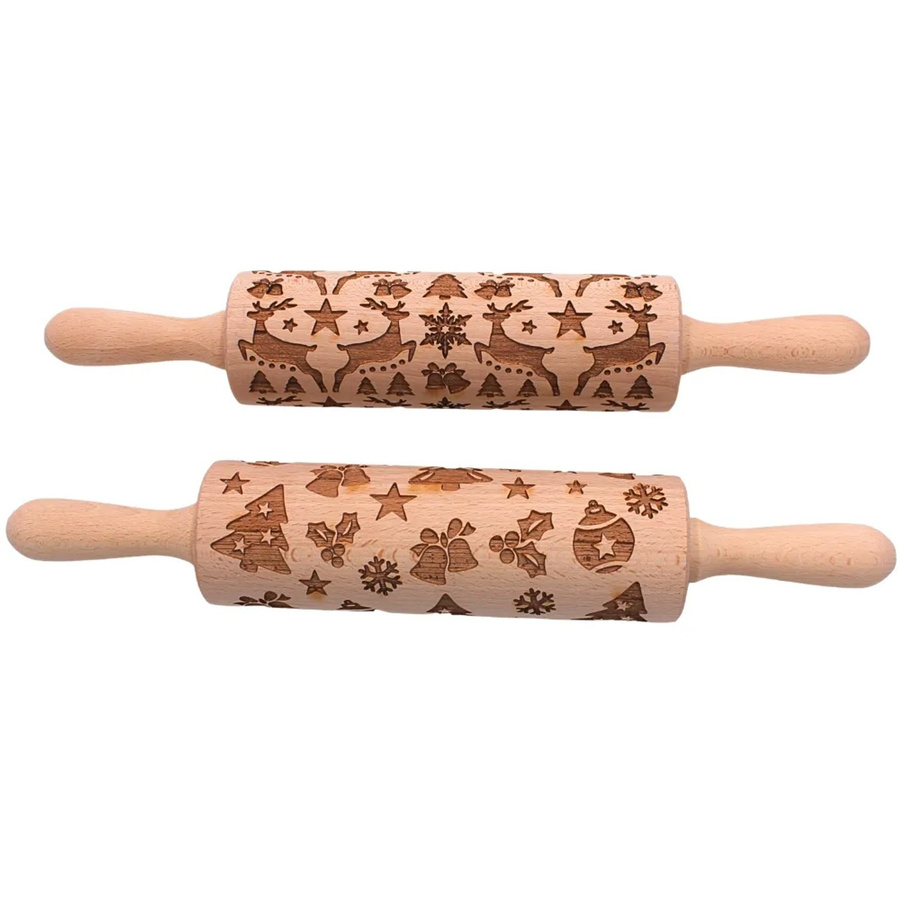 2er Set Holz Teigroller mit 2 Motiven von Dekohelden24, Spekulatiuswalzen für Plätzchen und Kekse, Braun, L/B/H: 37 x 6 x 6 cm - Bild 2