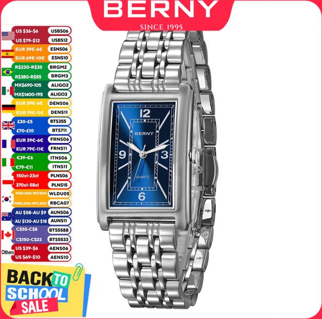 BERNY Armbanduhr, Quarz, Edelstahl, Rechteckig, Blau, Herren - Bild 1