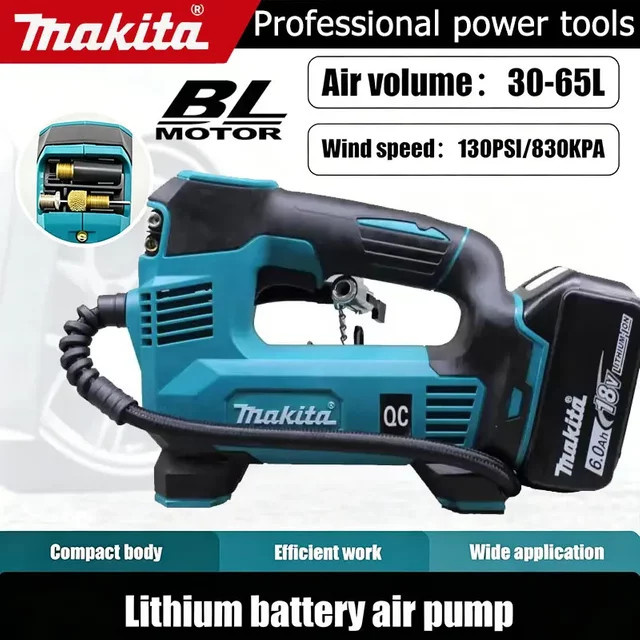Makita 18V Mini-Luftkompressor mit LED-Licht und Automatikfunktion in Blau, 130PSI 830KPA Auto-Elektropumpe und Reifenfüller - Bild 1