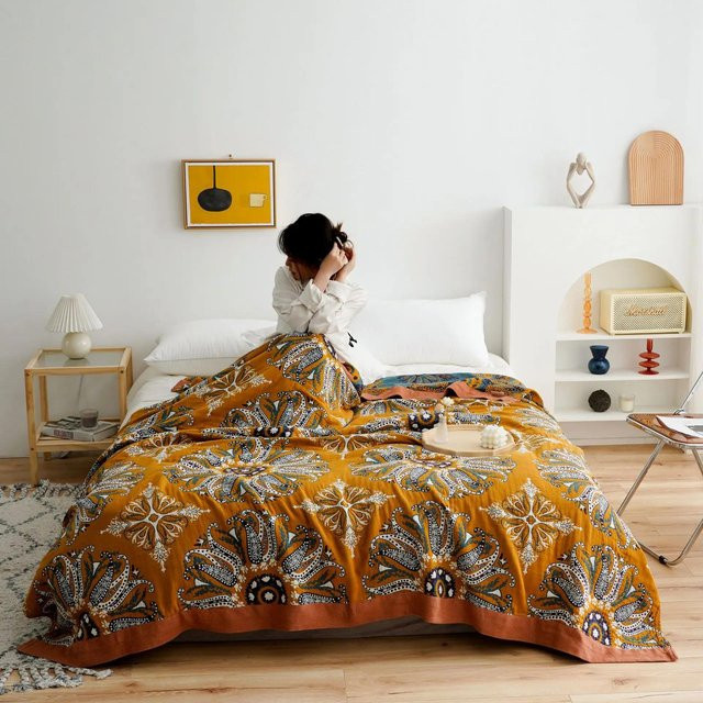 Nordische Überwurfdecke aus Baumwollgaze im Boho-Stil mit floralem Muster, weiche Sommerklimadecke für dein Bett, Mehrfarbig, B/B: 200 x 230 cm - Bild 1