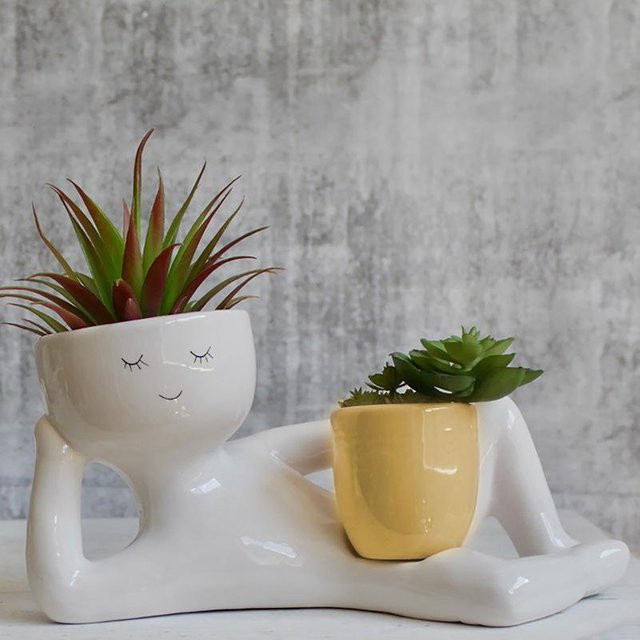 RunFree Lazy Guy Pflanztopf aus Kunstharz mit Blumenkopf als dekorative Figur für Zuhause und Garten - Bild 1