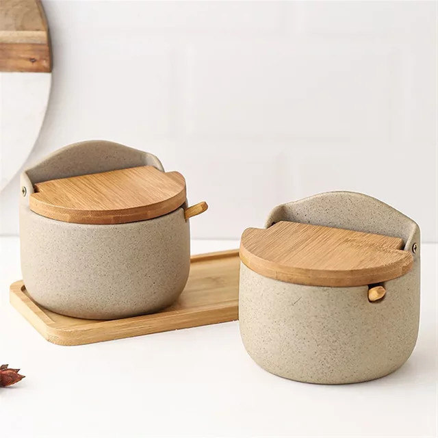 JUSTINLAU Gewürzglas aus Keramik im japanischen Stil mit Bambusdeckel und Löffel, Beige, B/T/H: 9,3 x 10,5 cm - Bild 1