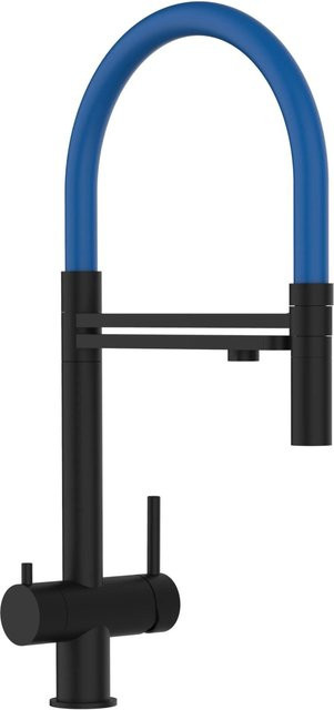 VIZIO 3-Wege Küchenarmatur aus Edelstahl mit 360° schwenkbarem Auslauf und abnehmbarer 2-Strahl Handbrause in Schwarz Matt und Blau - Bild 1