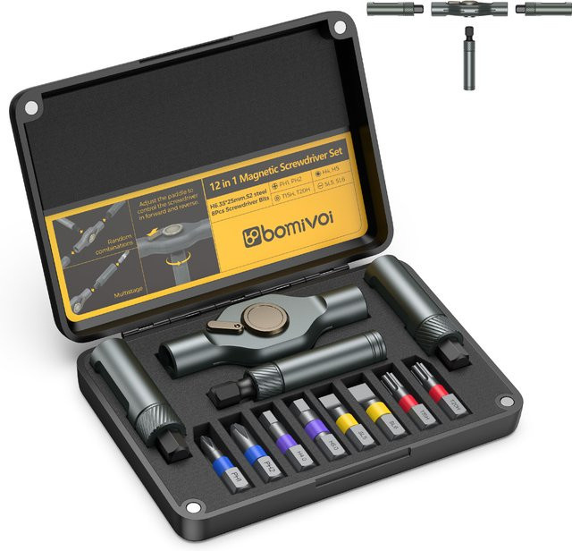 ORIA Magnetisches 12-in-1 Ratschenschraubendreher-Set, Tragbares Mini-Reparatur-Werkzeug-Set für Möbel, Computer und Fahrrad - Bild 1