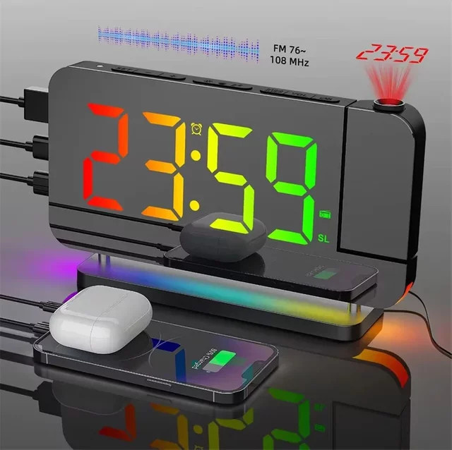 NieNie Projektionswecker mit UKW-Radio, RGB-Nachtlicht und digitaler LED-Uhr, Farbe: Weiß/Multicolor - Bild 1