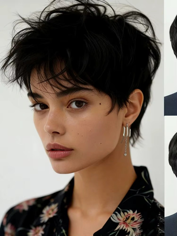 OYM HAIR Pixie-Schnitt-Perücke, kurzes Remy-Echthaar mit Pony, Schwarz - Bild 4