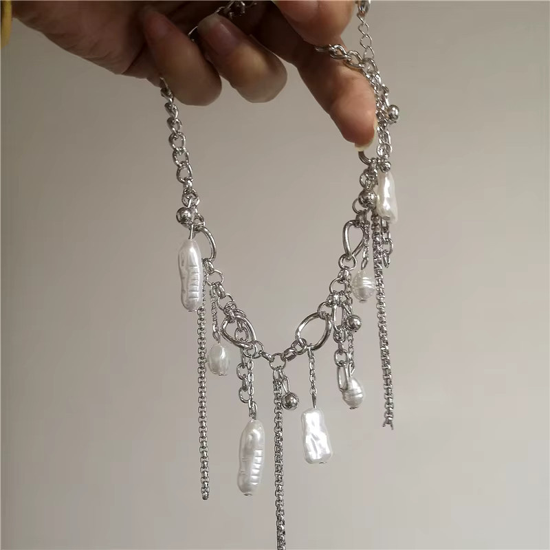 imixlot Choker-Halskette, Imitationsperlen, Quasten-Anhänger, Silber, Damen - Bild 3