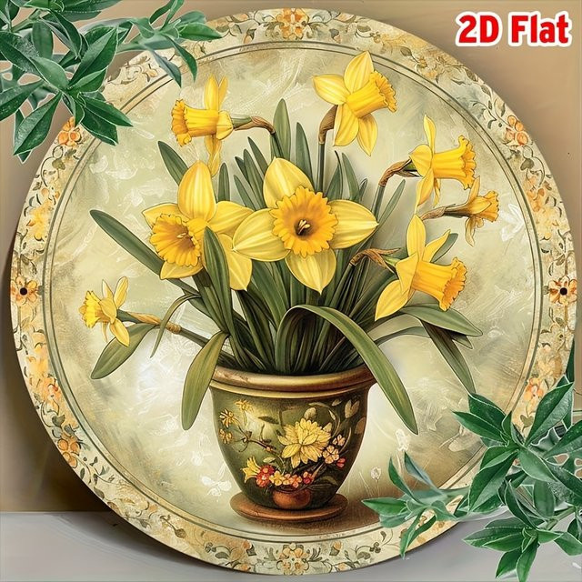 Potdemiel Vintage Narzisse Metallwandkunst rund, dekoratives Aluminiumschild mit floralem Design, Durchmesser: 20,3 cm - Bild 1