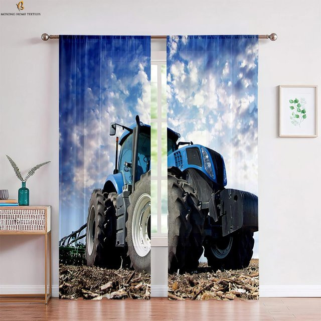 Yiran Furniture Vorhänge mit Auto Traktor Motiv, 2er-Set, semi-transparent, B: 50 cm, H: 130 cm - Bild 1