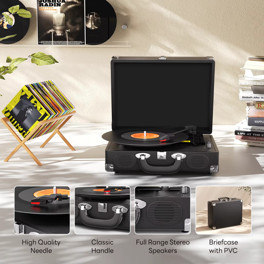 Maio S100 Riemengetriebenes Vintage-Grammophon in Schwarz mit eingebautem Lautsprecher und 3 Geschwindigkeiten für High-Fidelity-Stereo - Bild 2