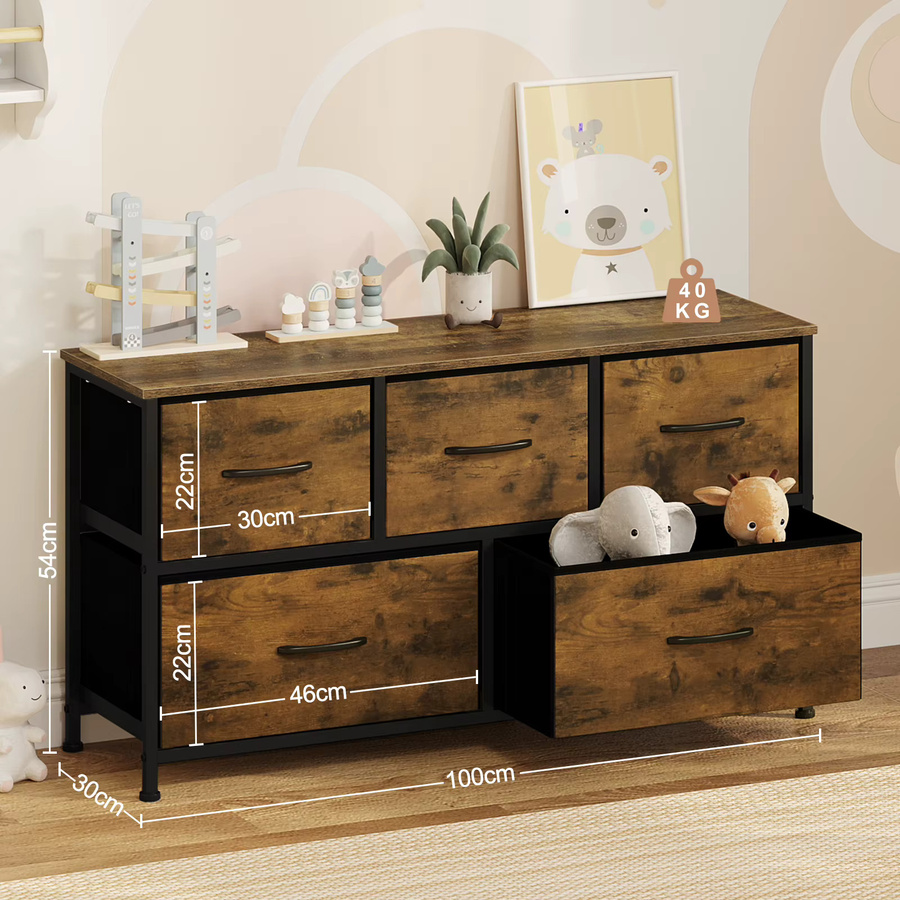 WOLTU TV-Schrank Sideboard in Braun im Industrial-Design mit 5 Schubladen aus Holz und Stoff für Wohnzimmer, Schlafzimmer oder Flur - Bild 5
