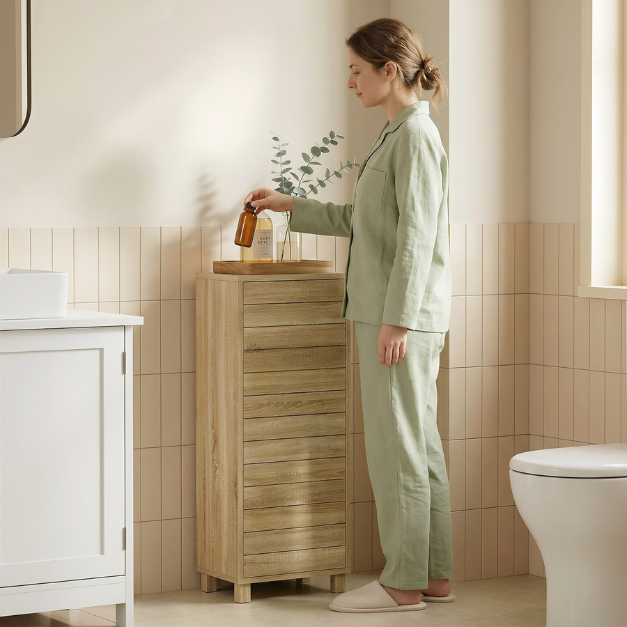 HOMCOM schmaler Badezimmerschrank mit Lamellentür in Natur, platzsparender Bad-Unterschrank mit 3 Einlegeböden und verstellbarem Fach, B/T/H: 34 x 23 x 84 cm - Bild 2