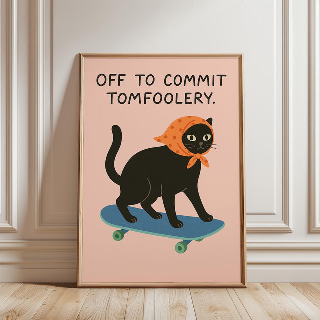 Wandposter Off to Commit Tomfoolery mit schwarzer Katze beim Skateboarden, mehrfarbige Papier-Wanddekoration für dein Zuhause - Bild 1