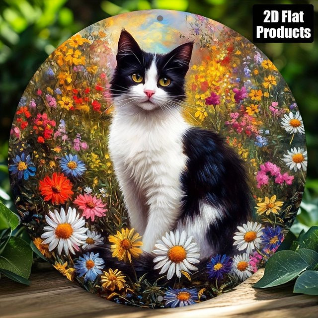 Rundes dekoratives Metallschild von Potdemiel mit Katzen- und Blumenmotiv, Mehrfarbig, Durchmesser: 20 cm - Bild 1