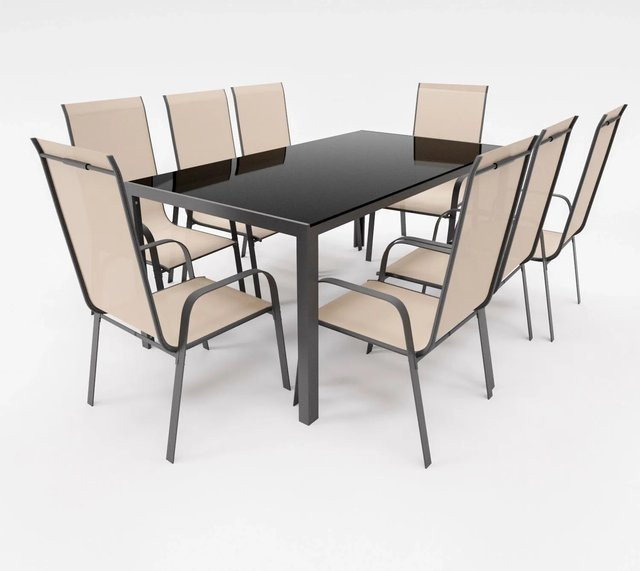 Lex Gartenmöbel Set aus pulverbeschichtetem Stahl mit Glastisch und 8 Stapelsesseln in Beige - Bild 1