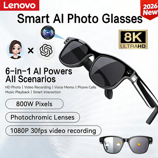 Lenovo Smart-Sonnenbrille mit 8K Bluetooth AI-Funktion, 1200MP HD-Kamera, ChatGPT Sprachassistent, Musikplayer und Anruffunktion in Schwarz - Bild 1