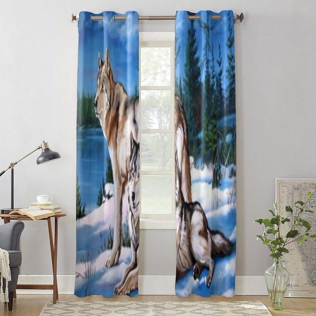 Super Six Wölfe Ölgemälde Fenstervorhang aus Polyester in Grau, Breite: 135 cm, Höhe: 60 cm - Bild 1