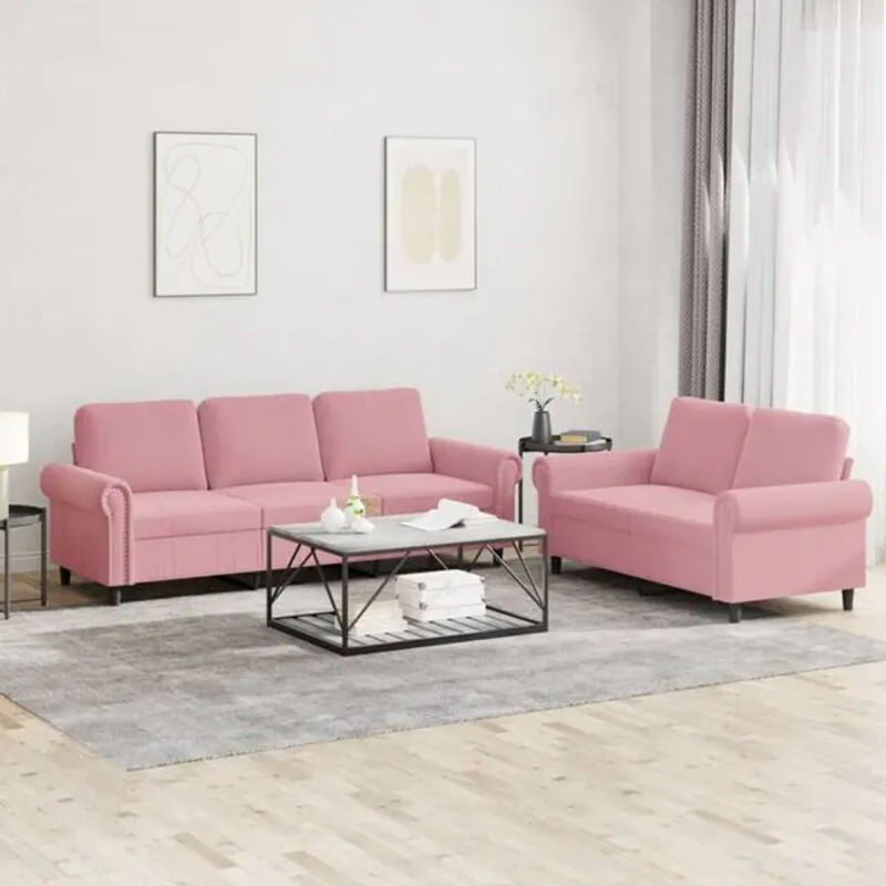 2-teilige Sofagarnitur aus Samt mit Kissen in Rosa von Vidaxl mit Metallgestell im klassischen Design - Bild 1