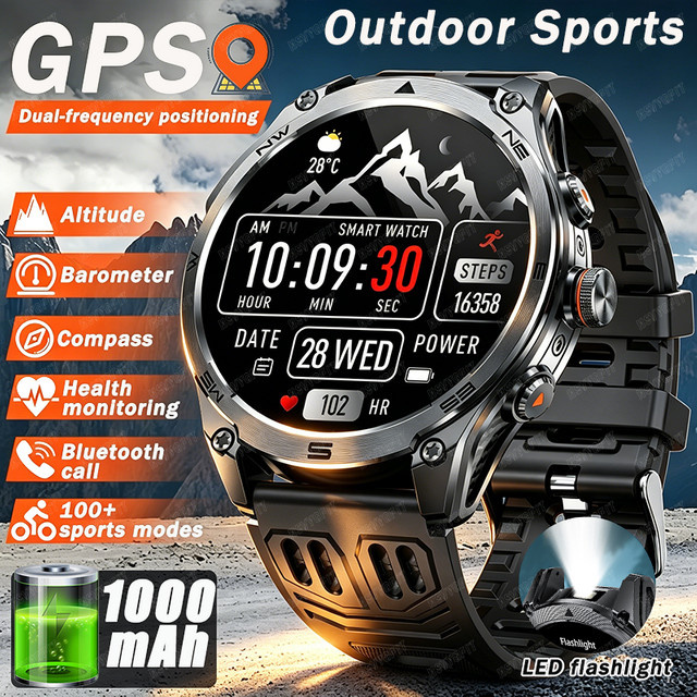 HSVYGFIT Militärische GPS-Sportuhr in Schwarz mit 1,7 Zoll Display, 1000mAh Akku und 3ATM Wasserdichtigkeit sowie Kompass - Bild 1