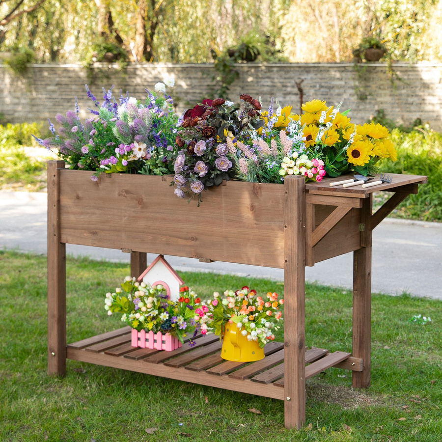 Outsunny Hochbeet Pflanzkasten aus massivem Holz mit 8 Gittern und faltbarer Ablage in Braun, B/T/H: 123 x 54 x 74 cm - Bild 2