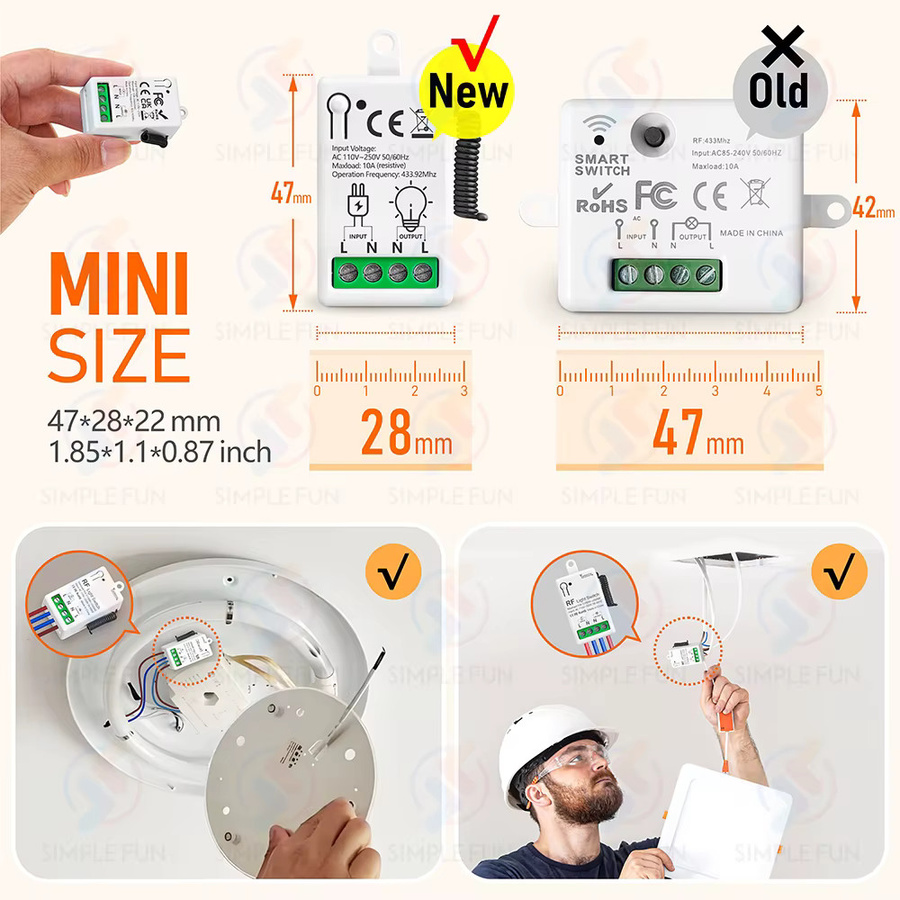 SLMPLEFUN Drahtlose Fernbedienung Lichtschalter 433 MHz RF Relais Modul für LED und Lampen, 86-Typ Wireless Touch Panel Schalter für 110 V bis 230 V - Bild 4