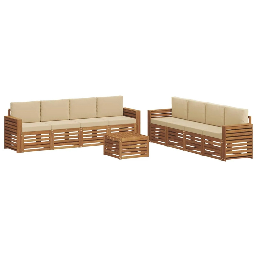 vidaXL Sofagarnitur aus Massivholz Akazie in Natur und Beige, 9-teiliges Set mit Tisch und Sesseln inklusive Kissen - Bild 2