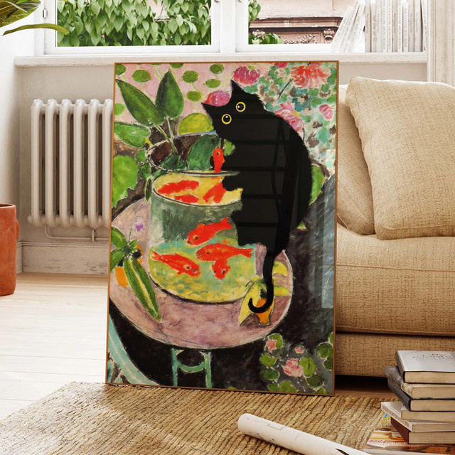 SHENCHEN Wandbild Matisse Goldfisch mit schwarzem Katzendruck und Blumen in rechteckiger Form - Bild 1