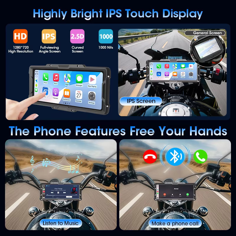 Jansite Wireless CarPlay Motorrad DVR mit 8,1 Zoll Display, 4K Digital Kamera, GPS Navigation und Android Auto in Schwarz - Bild 5