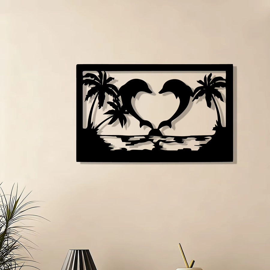 CIFBUY Delfin-Herz Wandkunst aus Metall in Schwarz als rostbeständige Eisenskulptur für Wohnzimmer und Garten - Bild 2